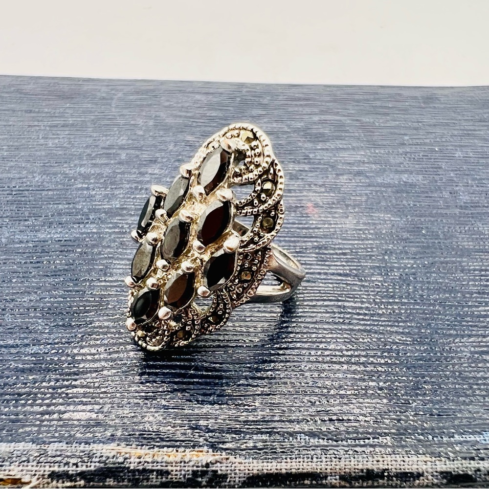 Sterling silver lattice cocktail ring black navette rhinestones size 7 - Picture 7 of 15